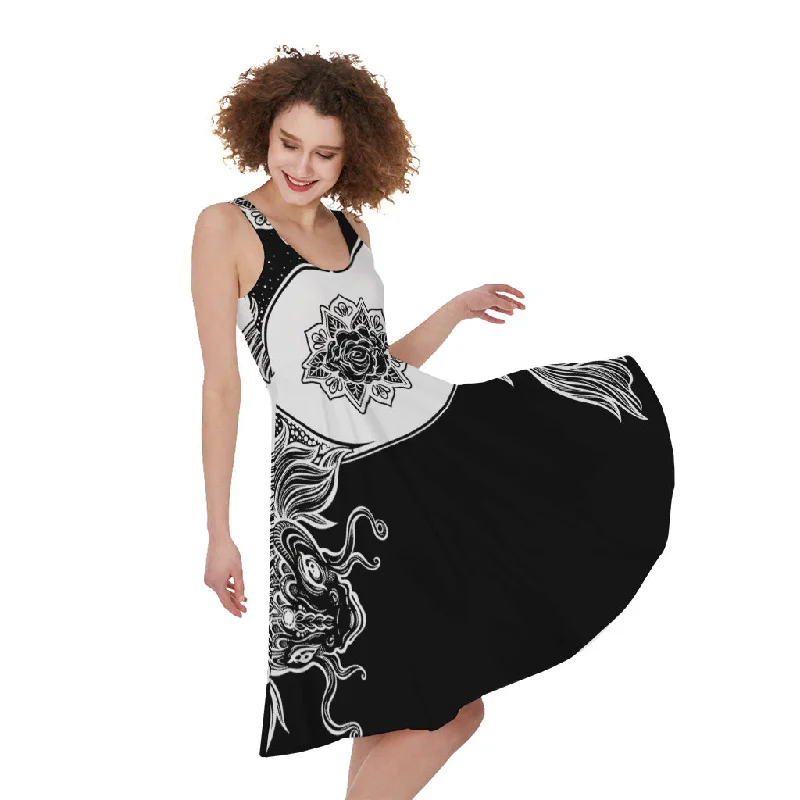 Yin And Yang Koi Carp Fish Print Sleeveless Knee Length Dress