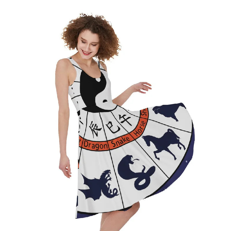 Yin Yang Chinese Zodiac Wheel Print Sleeveless Knee Length Dress