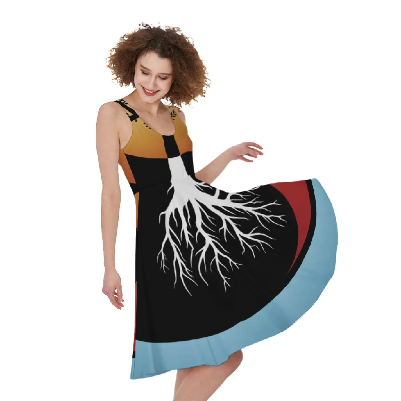 Yin Yang Tree Of Life Print Sleeveless Knee Length Dress