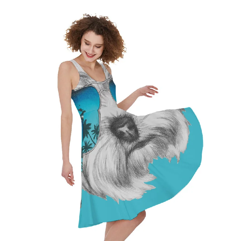 Yorkshire Terrier With Sunglasses Print Sleeveless Knee Length Dress