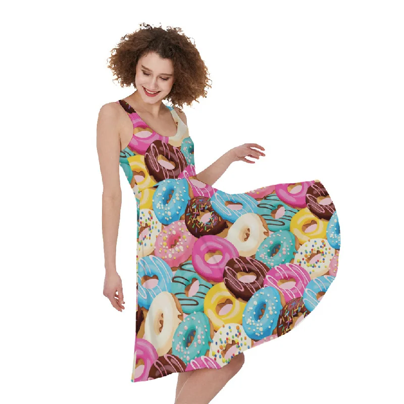 Yummy Donut Pattern Print Sleeveless Knee Length Dress