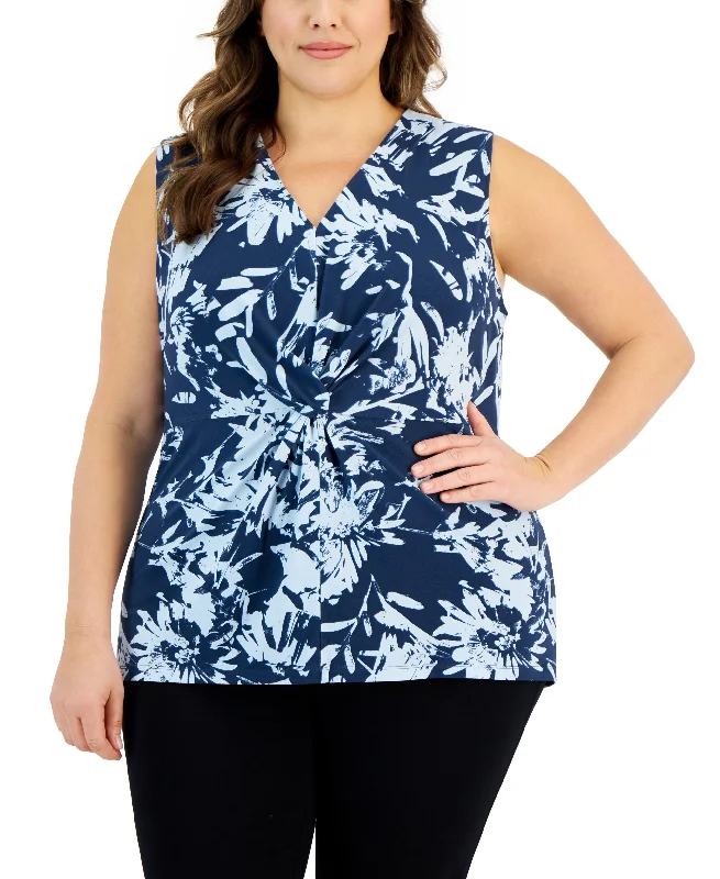 Alfani Plus Size Printed Twist Front Sleeveless Top