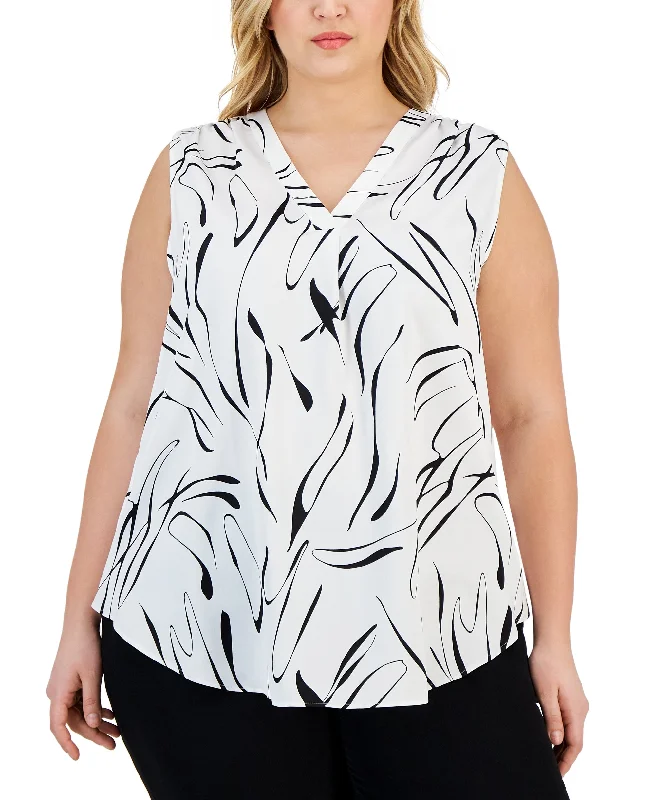 Alfani Plus Size Printed V Neck Sleeveless Satin Top