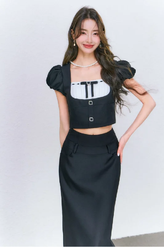 Black puff sleeve Square Neck Top & Midi Skirt Set