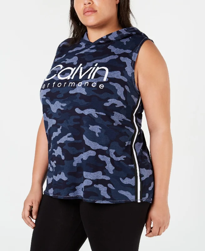 Calvin Klein Performance Plus Size Camo Print Varsity Stripe Sleeveless Hoodie