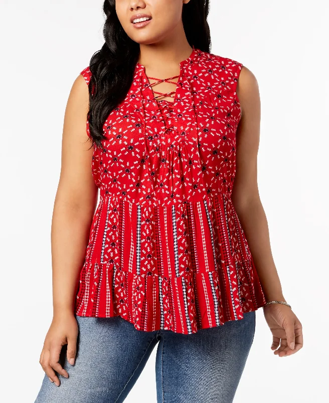 Style & Co Plus Size Printed Lace Up Sleeveless Peasant Top